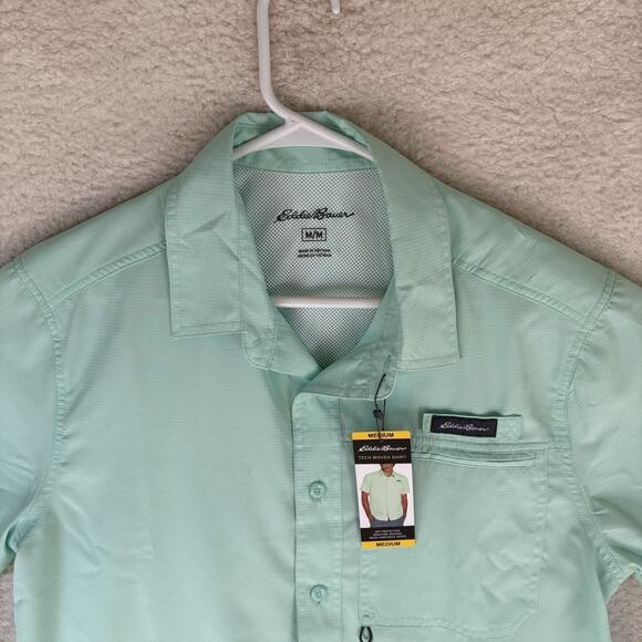 Eddie Bauer Tech Woven Shirt Mens Medium Teal Blue Short Sleeve Fishing Vented - Picture 2 of 16